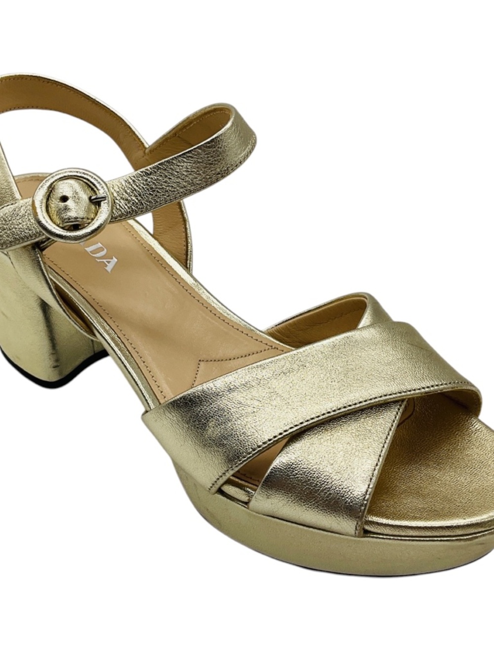 PRADA GOLD METALLIC LEATHER CROSS STRAP SANDALS